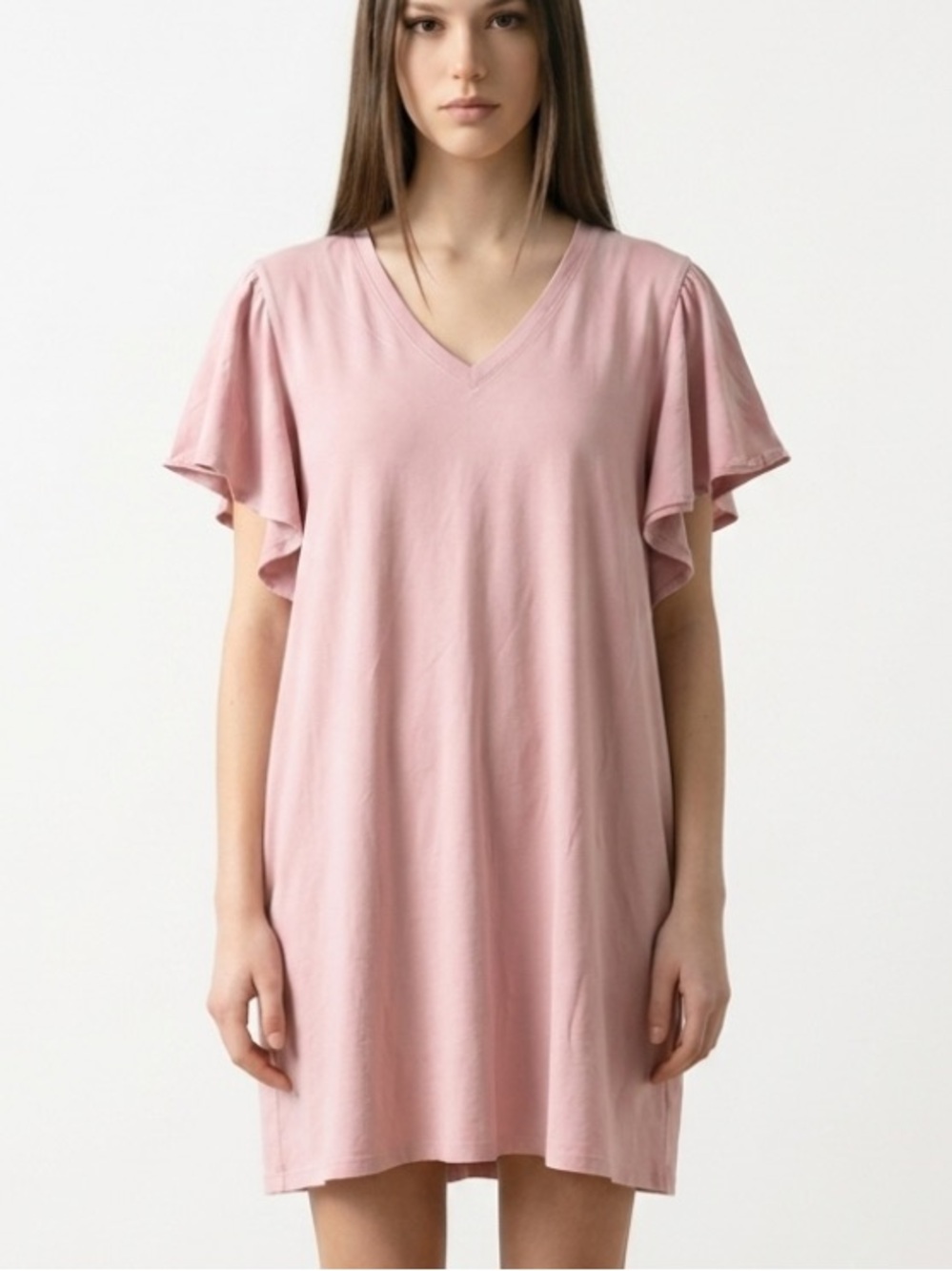 Eileen Fisher Dusty Pink V-Neck Ruffle Sleeve Tunic dress organic cotton